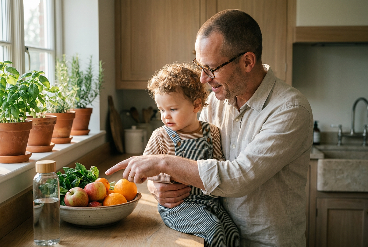 active-dad-toddler-sunlit-kitchen-produce 