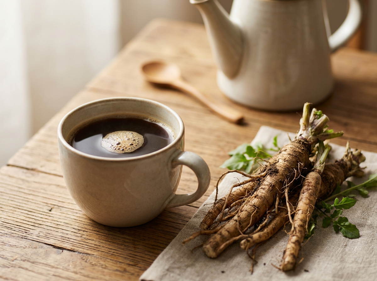 chicory root and a cup of coffee