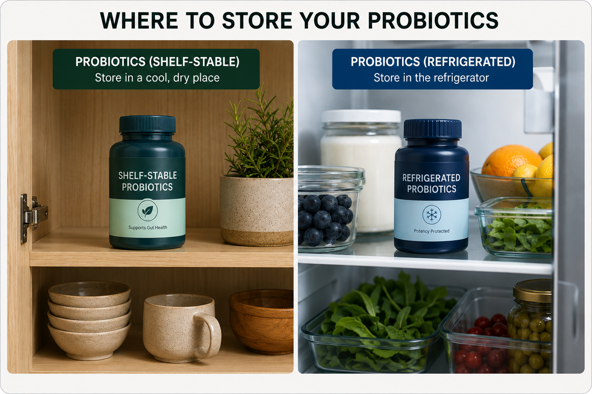 a side-by-side image of shelf stable and refrigerated probiotics