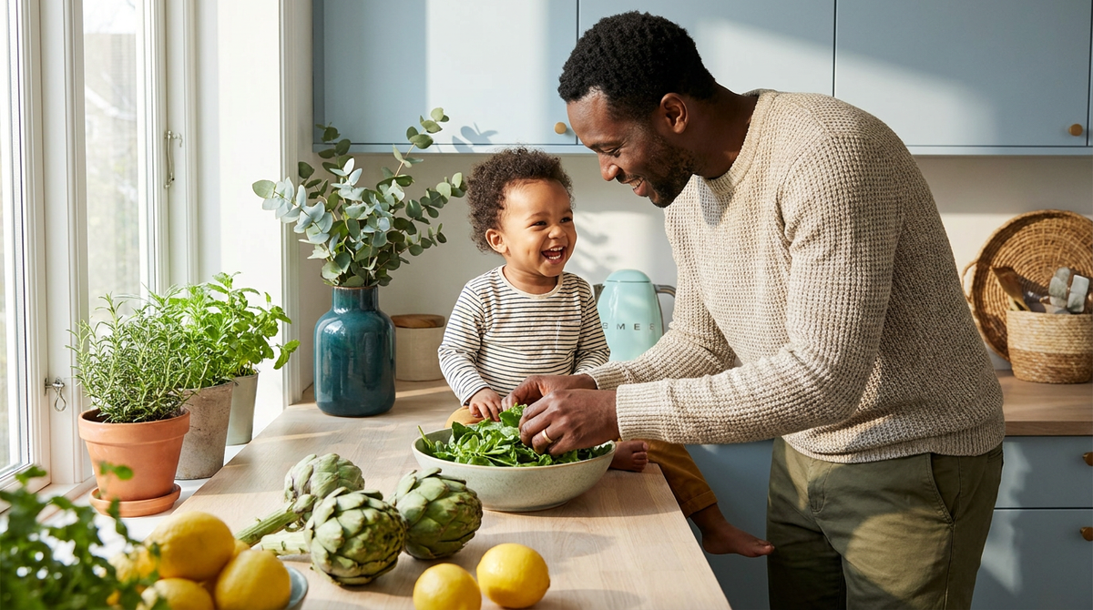 father preparing breakfast with son