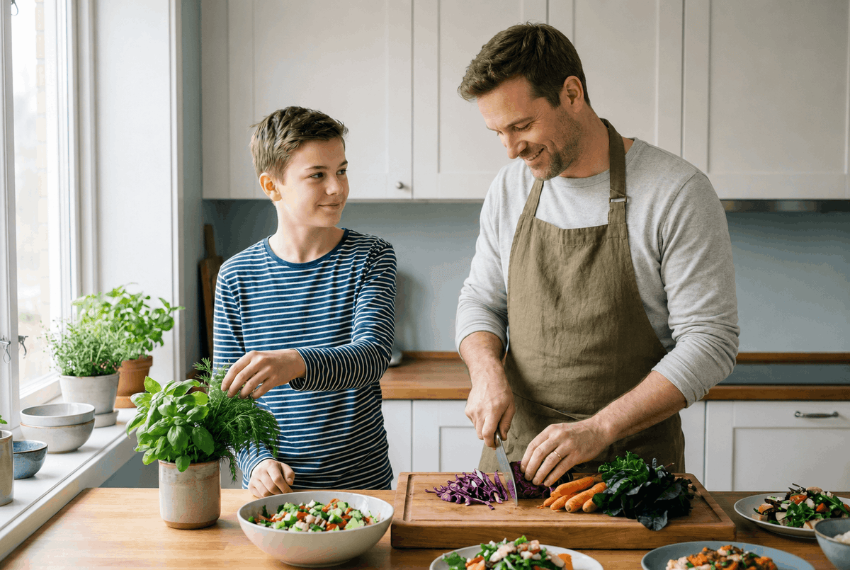 father and son chopping various vegetables