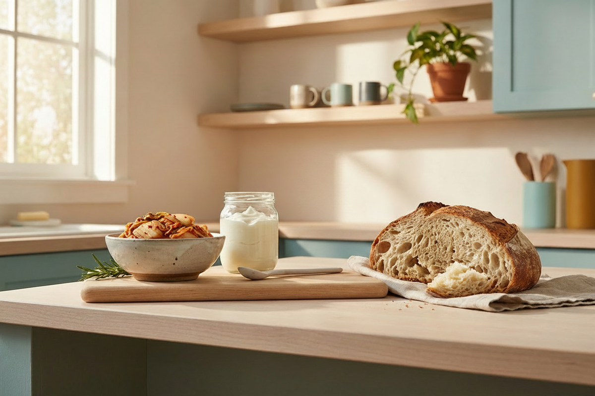 Bright kitchen scene showing a bowl of kimchi, a small dish of creamy yogurt, torn sourdough, and a minimalist supplement bottle on a countertop with soft natural light and a potted plant in the background, evoking a simple everyday wellness routine.