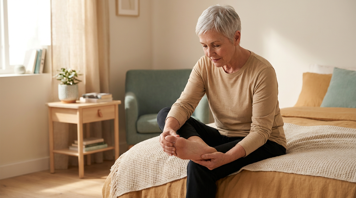 older-adult-inspecting-foot-morning-bed