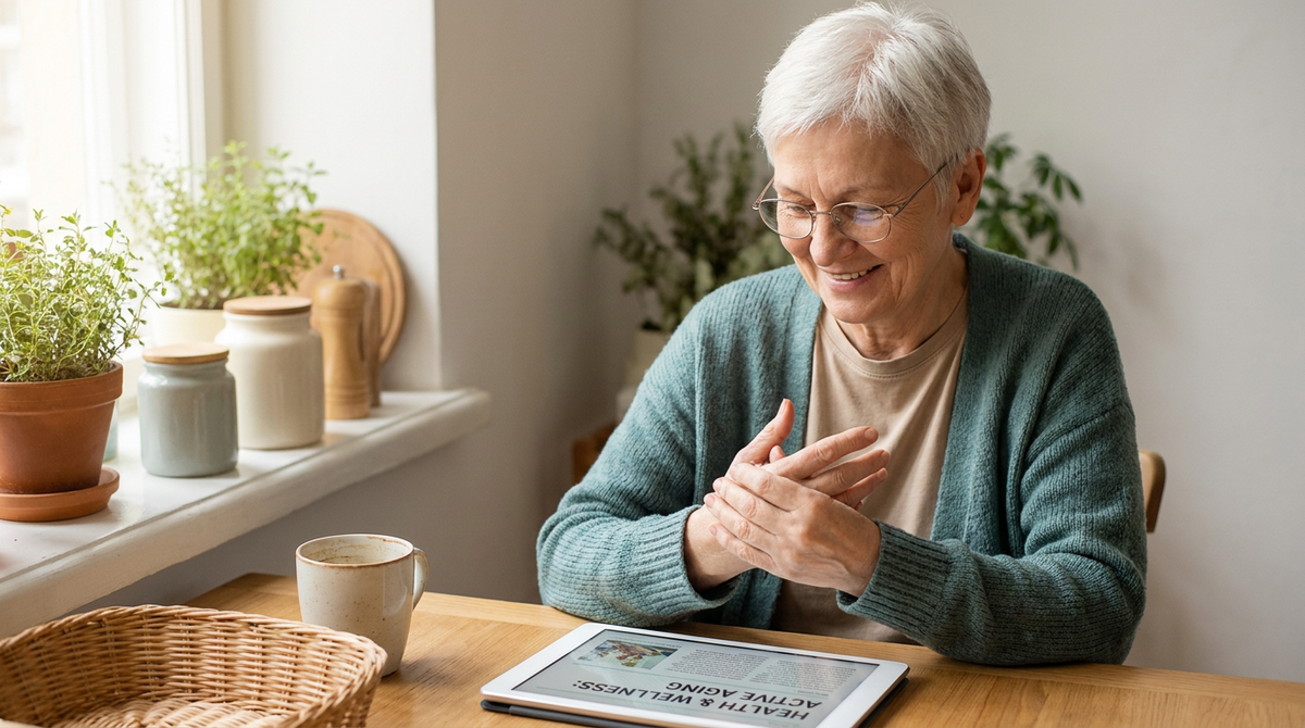 older-adult-reading-health-tablet-kitchen 