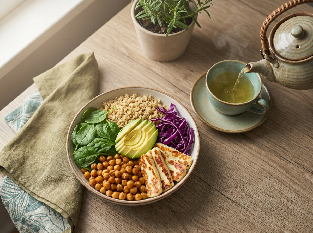 quinoa bowl with halloumi, chickpeas, and green tea
