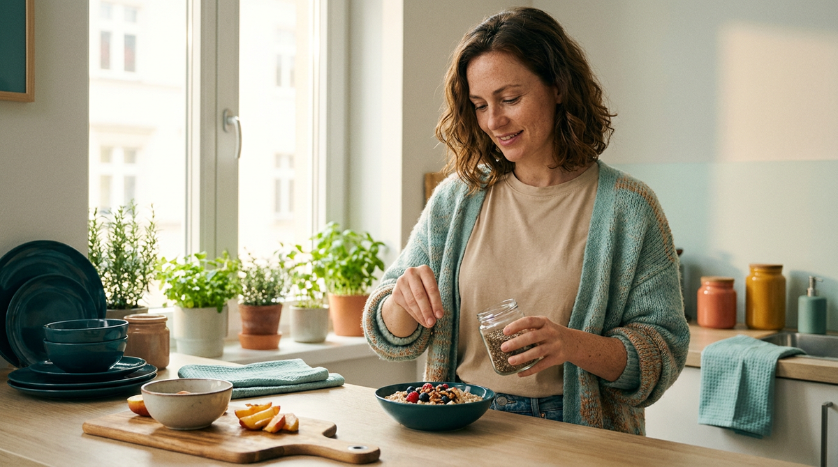 woman-wellness-kitchen-meal-glass-water-prescription-box 
