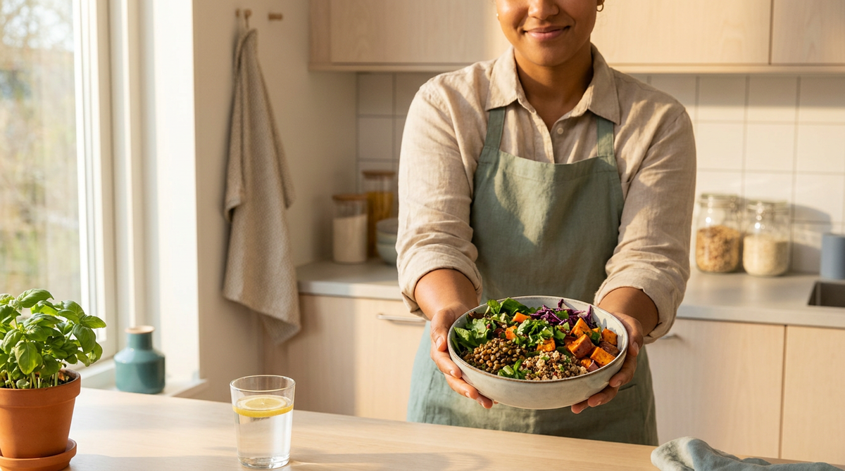 a person showing a bowl of grains and veggies while in a sunlit kitchen