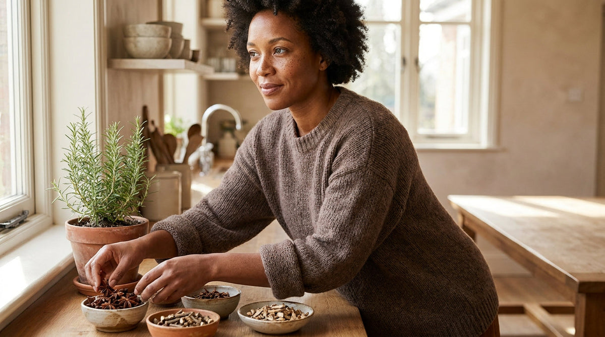 a woman preparing various herbs