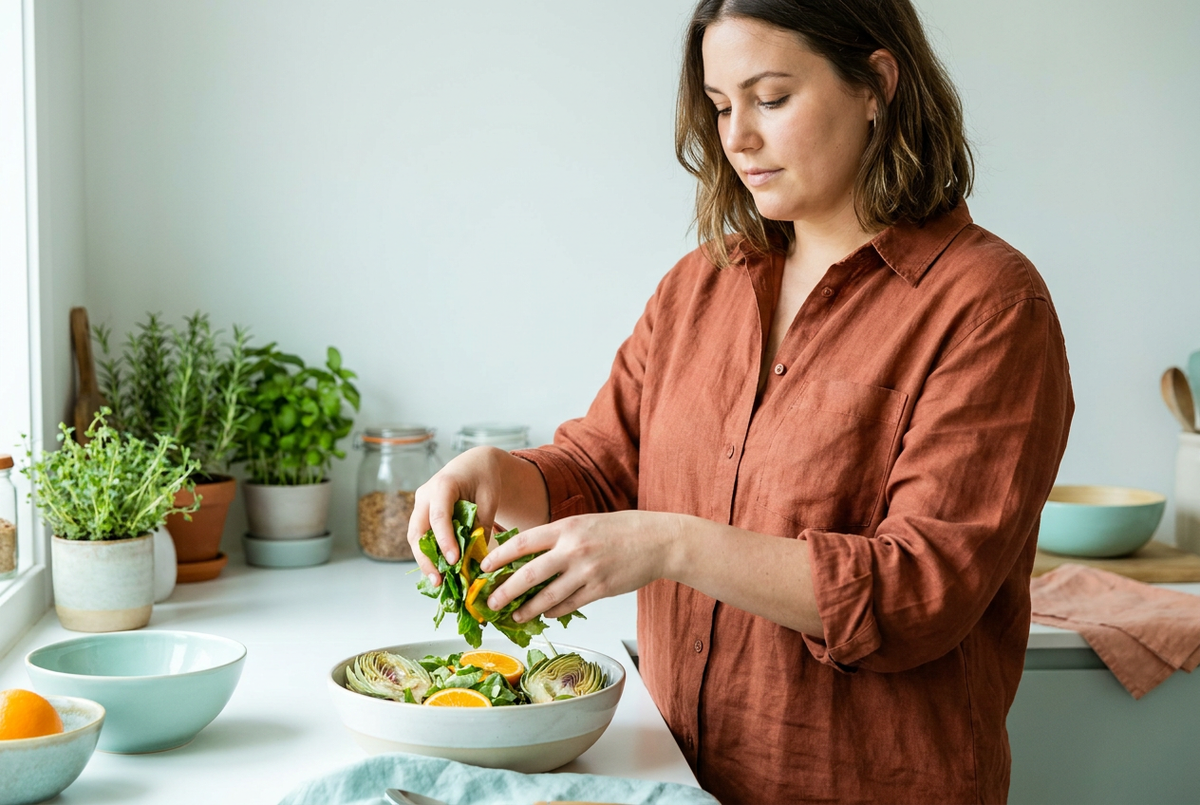 woman preparing a bowl of food with herbs and oranges