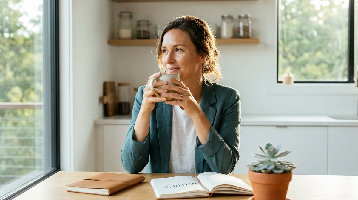 woman-reflecting-with-wellness-journal-kitchen
