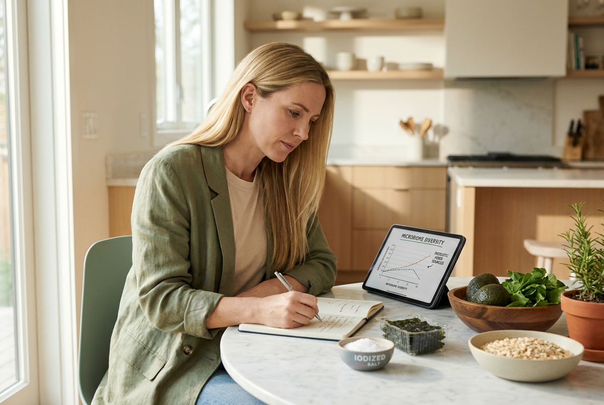 woman-reviewing-health-notes-kitchen-modern-wellness 
