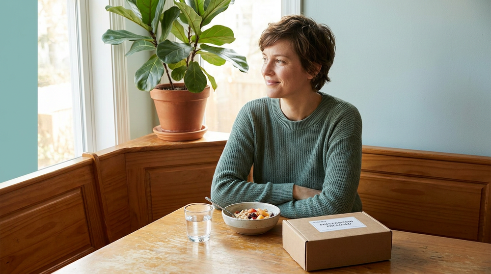 woman-wellness-kitchen-meal-glass-water-prescription-box 